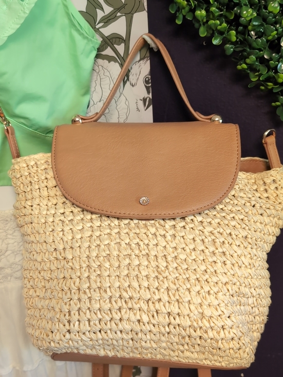 LC Lauren Conrad Handbags - Top Handle Woven Backpack In Camel & Cashew With Rose Gold Details By LC